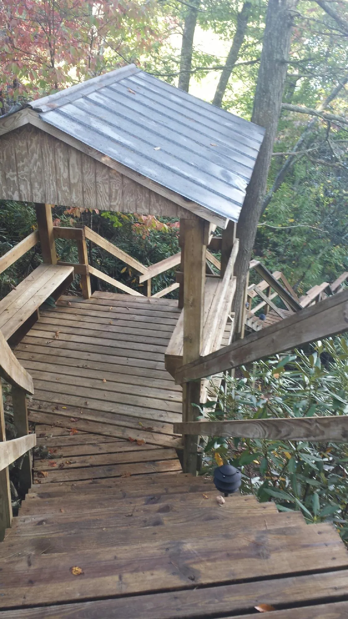Metal roofed shelter over wooden steps on a wooded walkway — Skylight Repair & Installation work by our crew in Armagh
